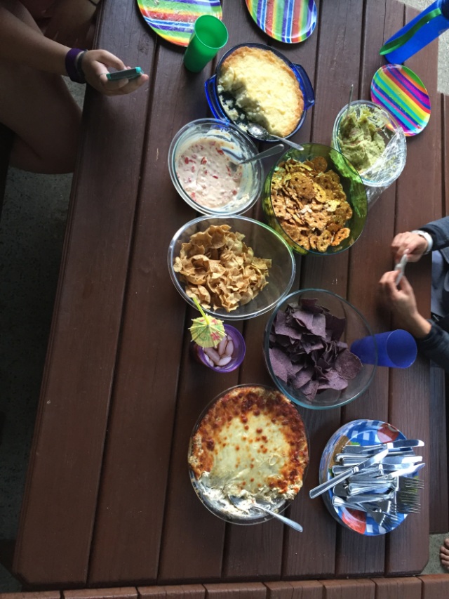 We LOVE dippy stuff with chips! Here we have all kinds of yummy homemade goodies - queso, guacamole, vidallia onion dip (WOW - need the recipe for this one!), and pizza dip (need this one too!)